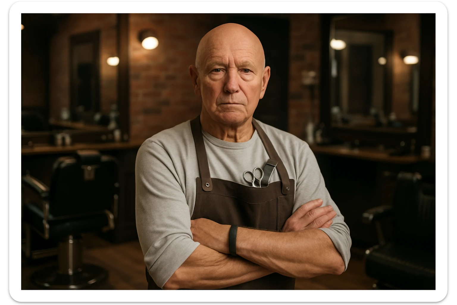 huddi shu odamni qariroq va soch soqolsiz tasvirlab ber o'zgartirib realistik qilib orqa fon sartaroshxona belidan sal pastroqqacha  sticker