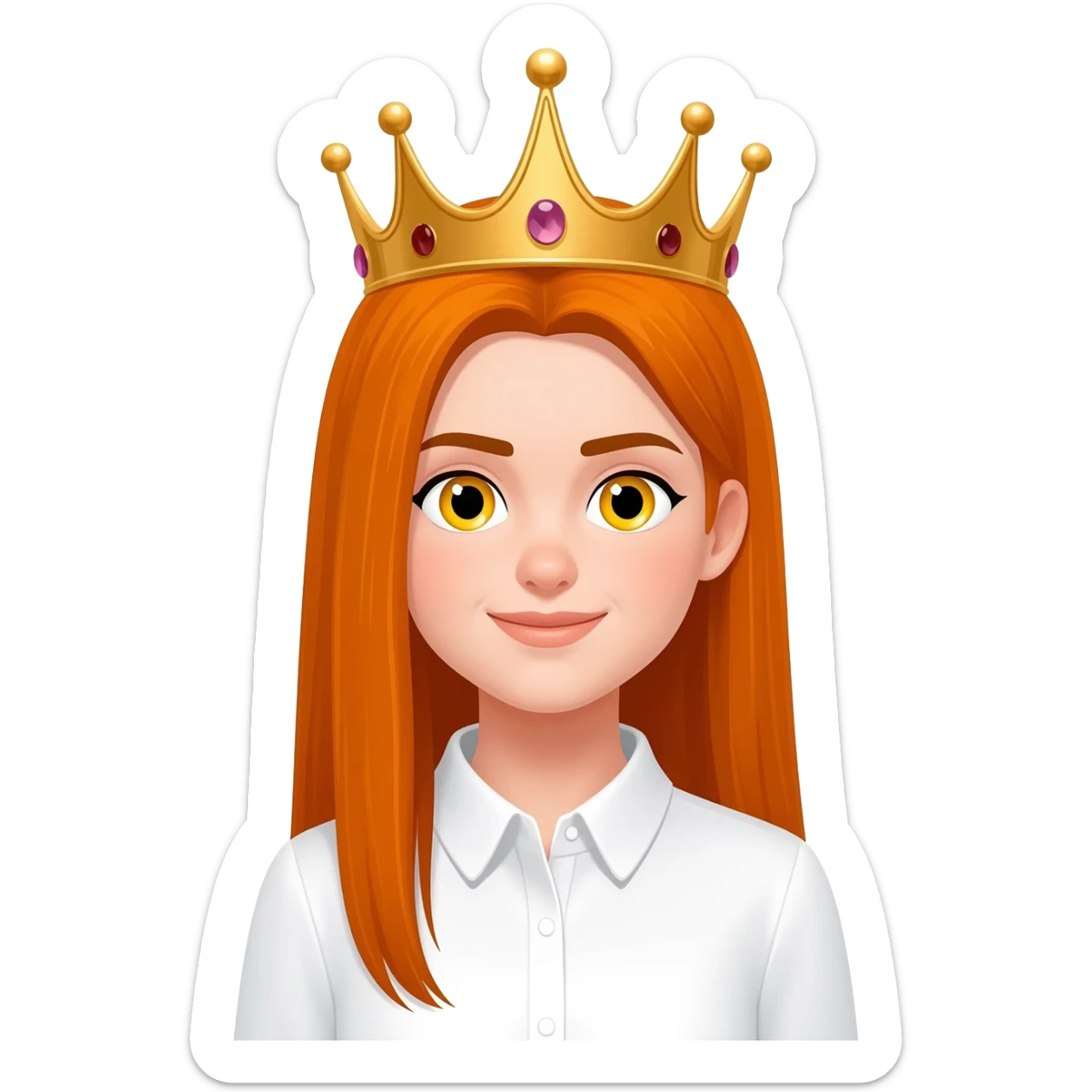 White girl with orange long straight hair and yellow eyes with a crown on her head and a white shirt on brown eyebrows sticker