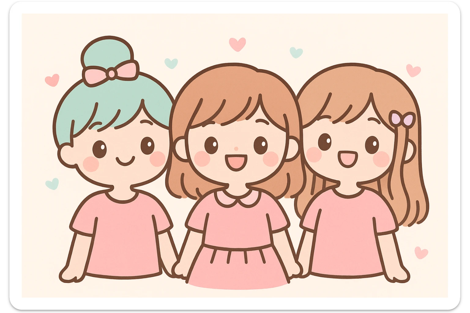 three girl best friends, cute cartoon style, top half of their bodies visible, all wearing pink, smiling, cheerful expressions sticker