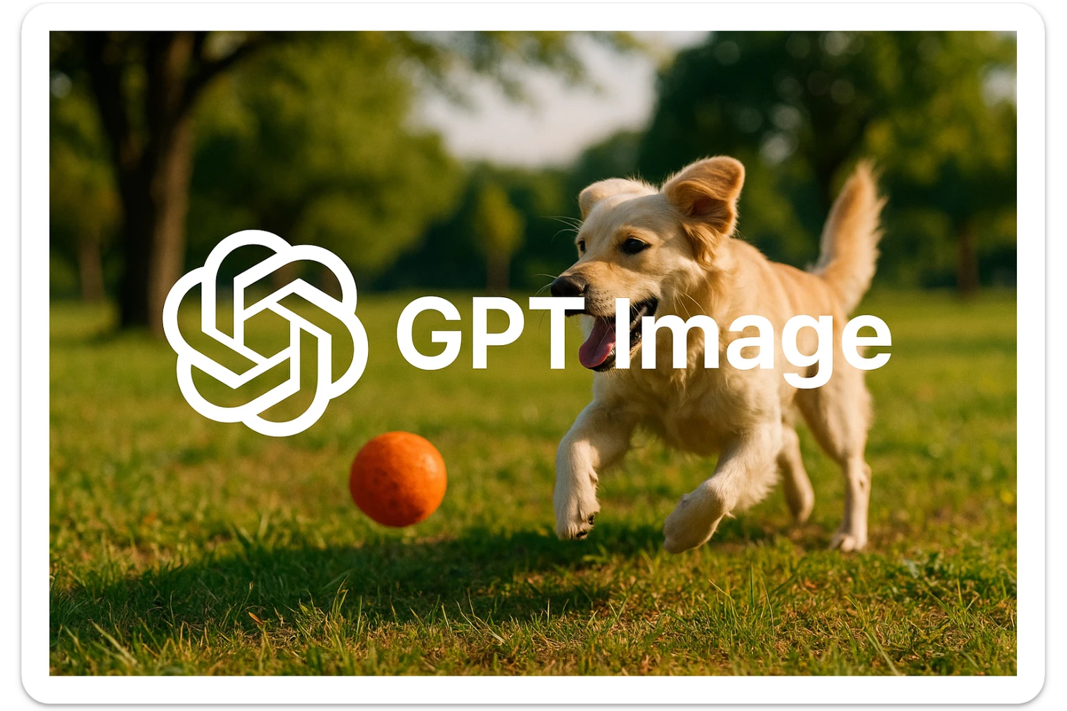 logo of chat gpt with text "GPT Image" on the background of a dog chasing ball, realistic image sticker