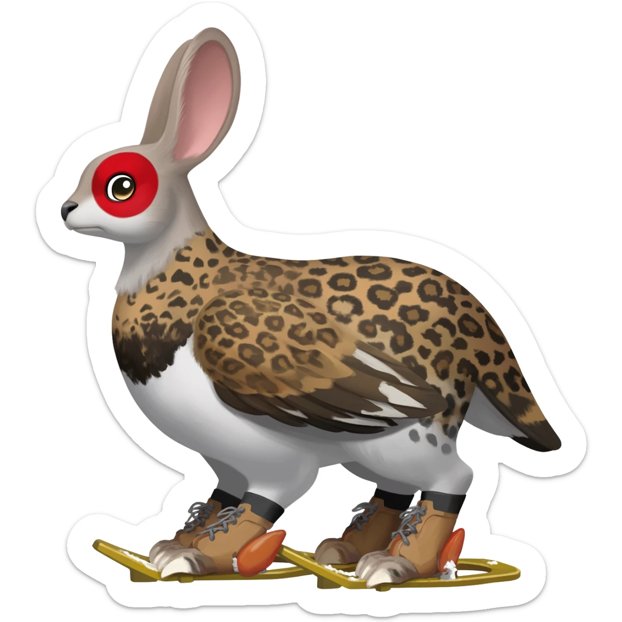 Rock Ptarmigan-Snow-Leopard-Snowshoe-Hare-Koi-Fish-Pokémon-Fakémon-Animal-hybrid, full body, with red marking over eye sticker
