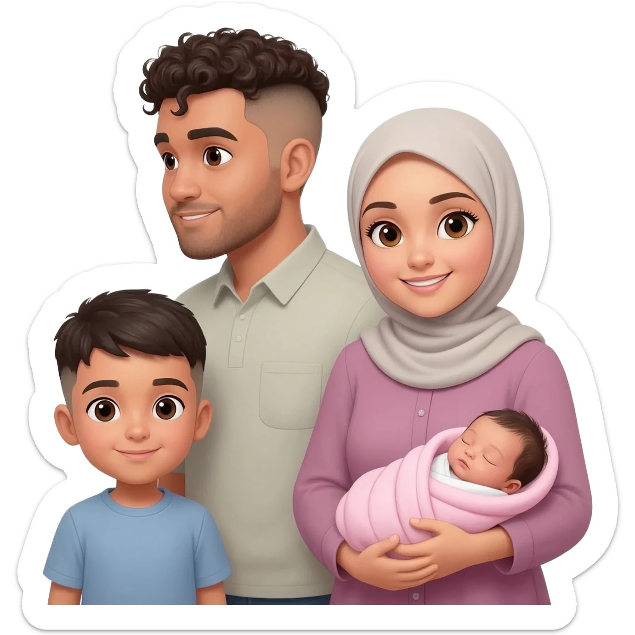 Family of four man woman 1 year old boy and baby girl but make the woman a hijabi and the boy younger man with a low fade pern get rid of the torso infront of woman give tha man curly hair with low fade  add a newborn baby girl with pink blanket on baby sticker