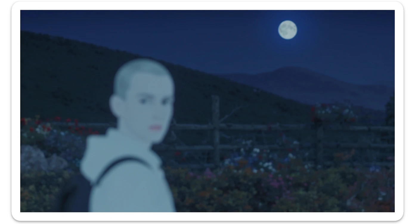 A portrait of a white person in the foreground, blurred plants in the foreground, a wooden fence and colorfull flowers in the midground, rolling hills in the background, cinematic depth of field, layered composition, moon back light (Blue night) sticker