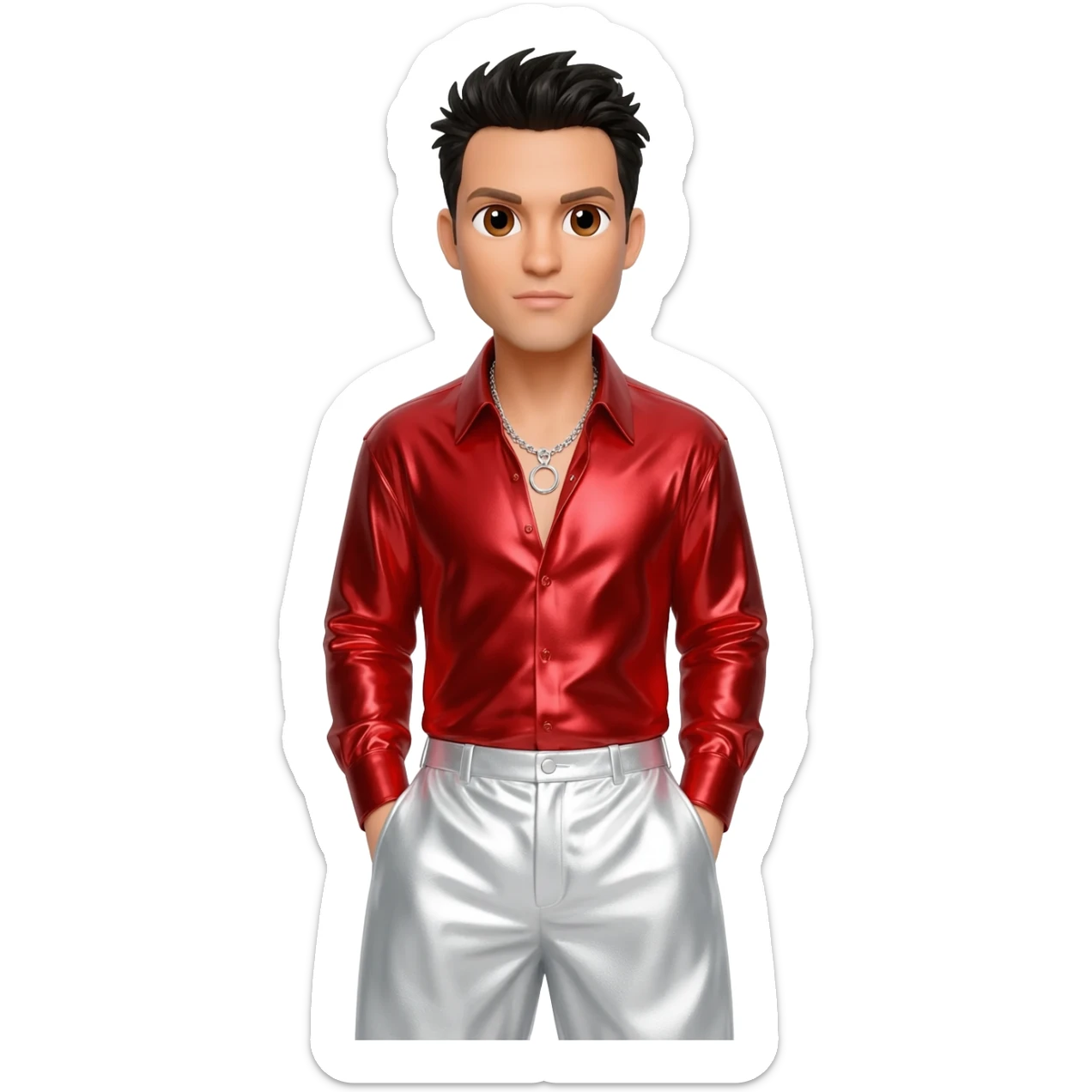 Jordan Knight from NKOTB with brown eyes, black hair, red metallic shirt, white metallic baggy pants, silver necklace sticker