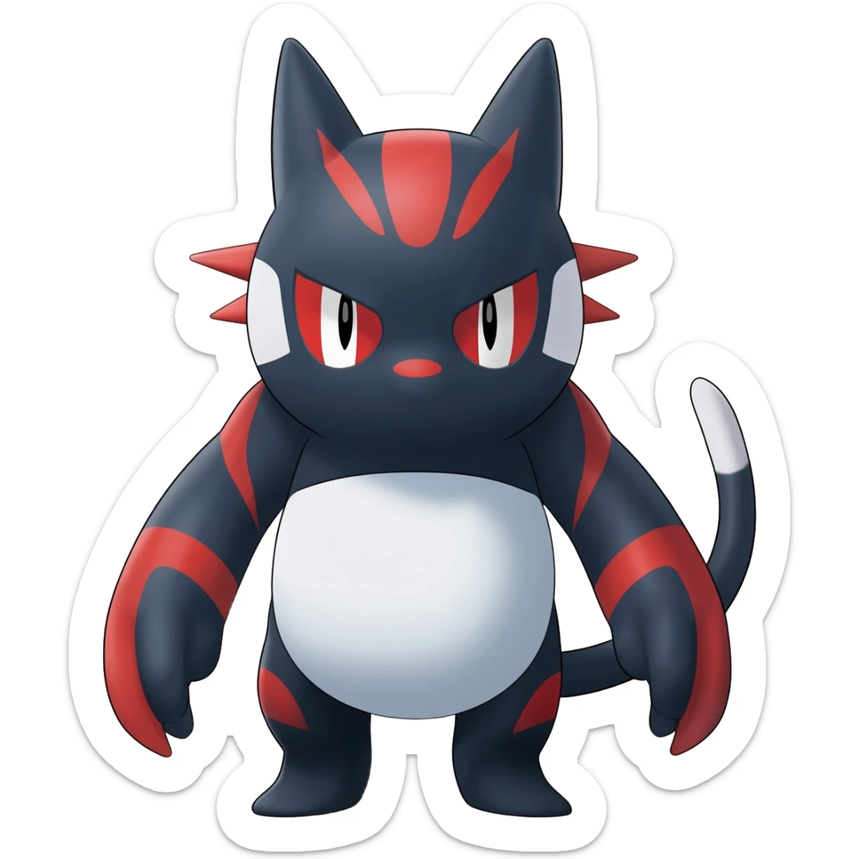 midnight blue-gray-black, with red markings, white belly, scaley Bastet-Noibat-Gatomon-Digimon-Fakémon-Pokémon-creature (full body) sticker