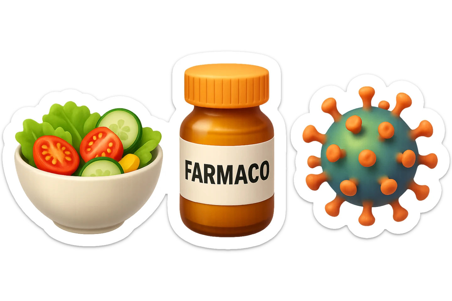 EMOJI STILE IPHONE DI una bowl di insalata, una boccetta di farmaco con la scritta "FARMACO" SULLA BOCCETTA E UN VIRUS, FLUTTUANO IN ARIA, IPERREALISTICO 4K sticker