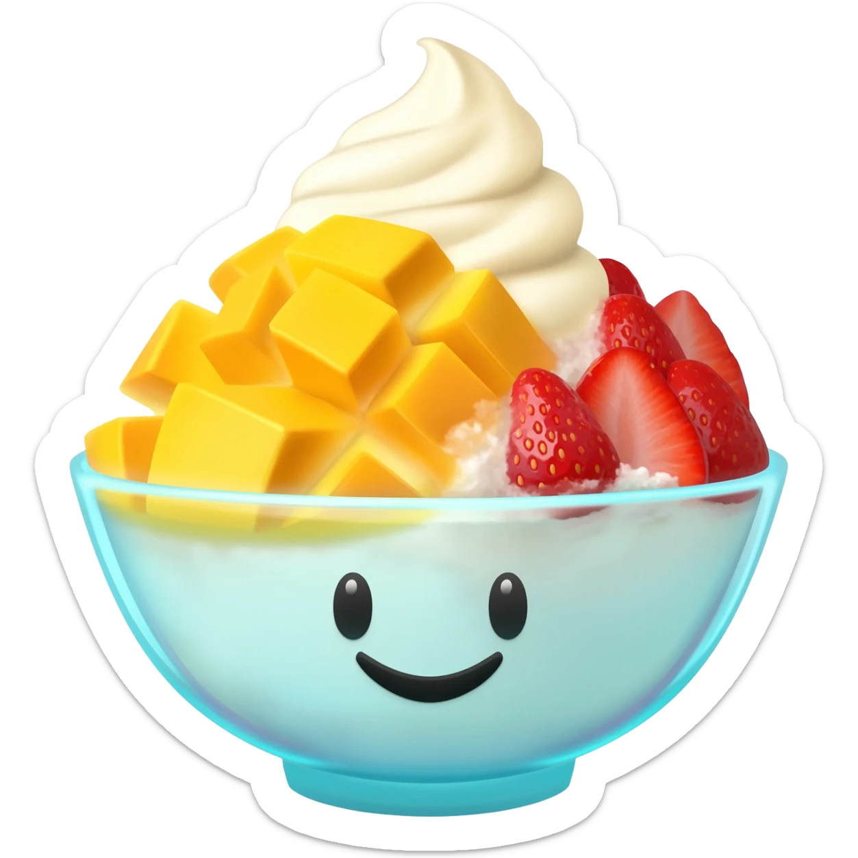 a cartoon bingsu with mango cubes and sliced strawberries and ice cream on top add a smiling emoji face to it sticker