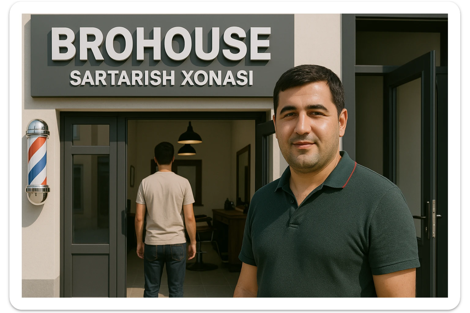 eni shu rasimga manashu odamga uxhshasin sartaosh eshik oldida tursin va tashqarida esa mijoz rasm esa 16 ga 9 bulsin 1920x1080 sticker