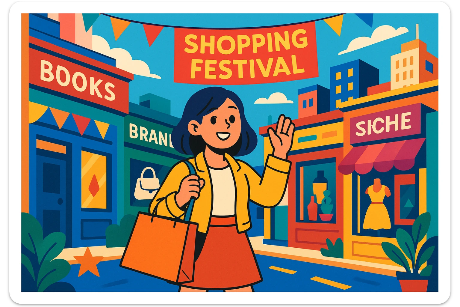 A young woman with a shopping bag, in a city street, vibrant colors, detailed background, shopping festival, niche brands, aesthetic lifestyle sticker