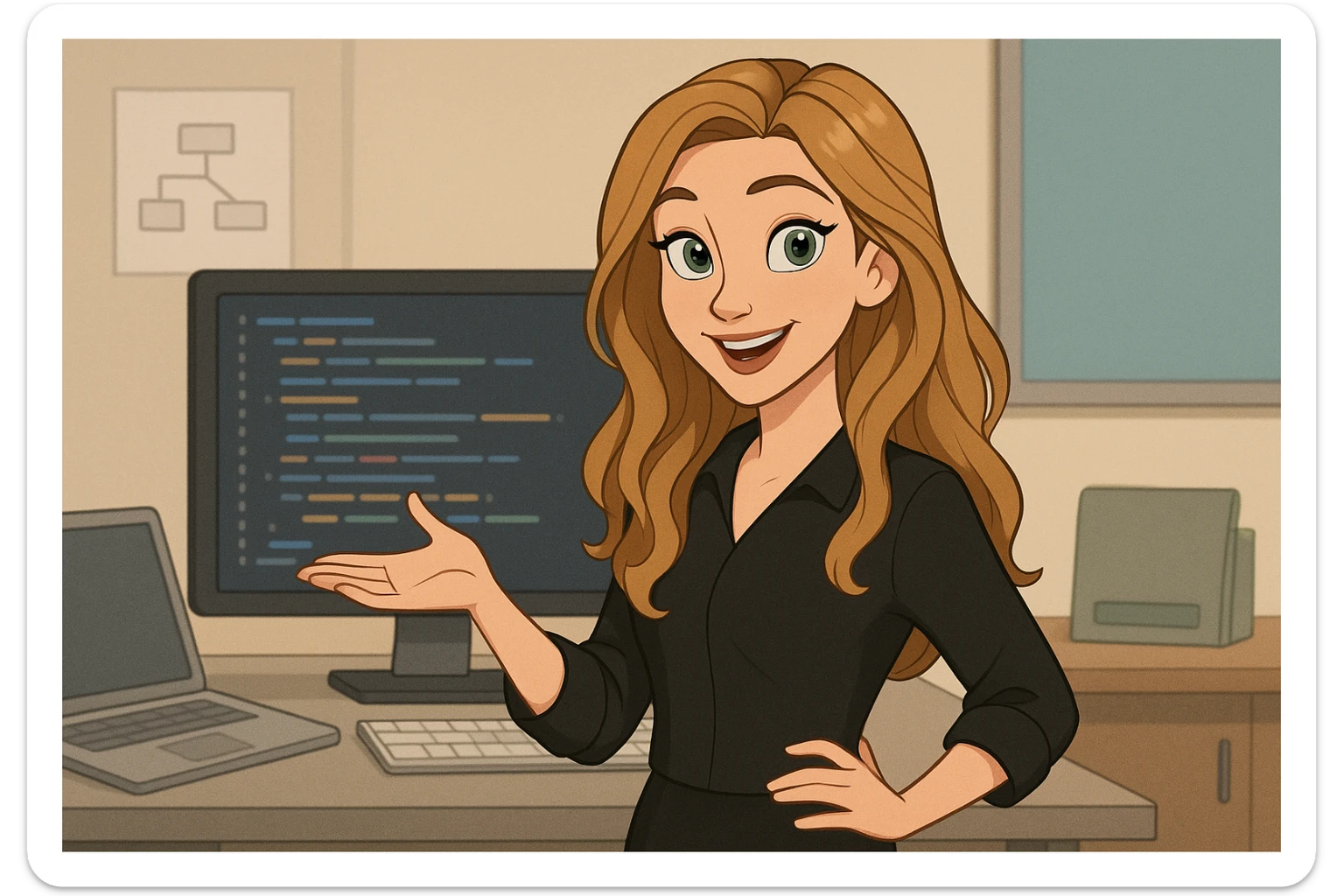 Disney cartoon style European woman, dark blonde long beach wavy hair, green eyes, smiling, black long-sleeved blouse, no chain, no glasses, business setting, software developer, teaching behavior sticker