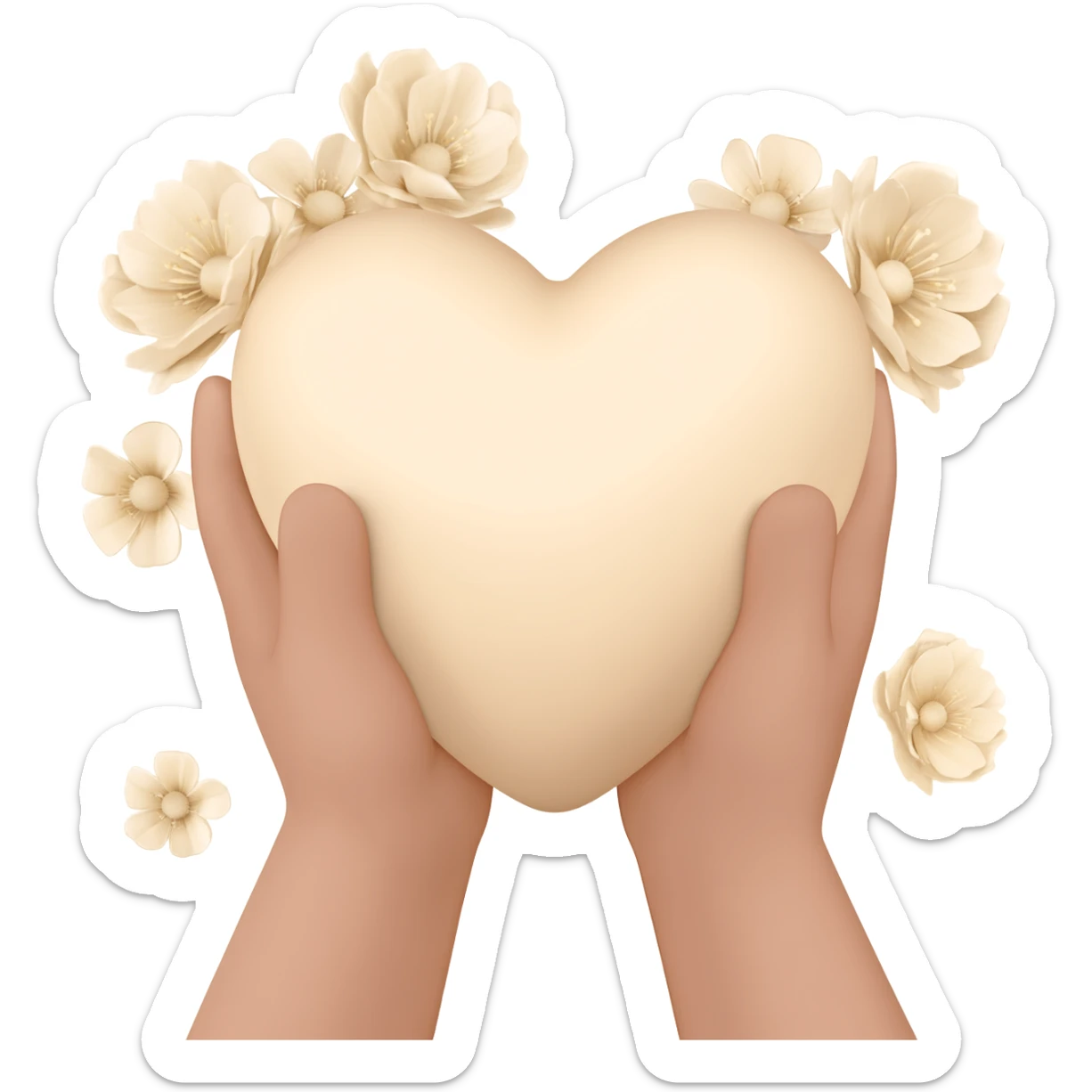 hands are holding light beige human heart with beige flowers sticker