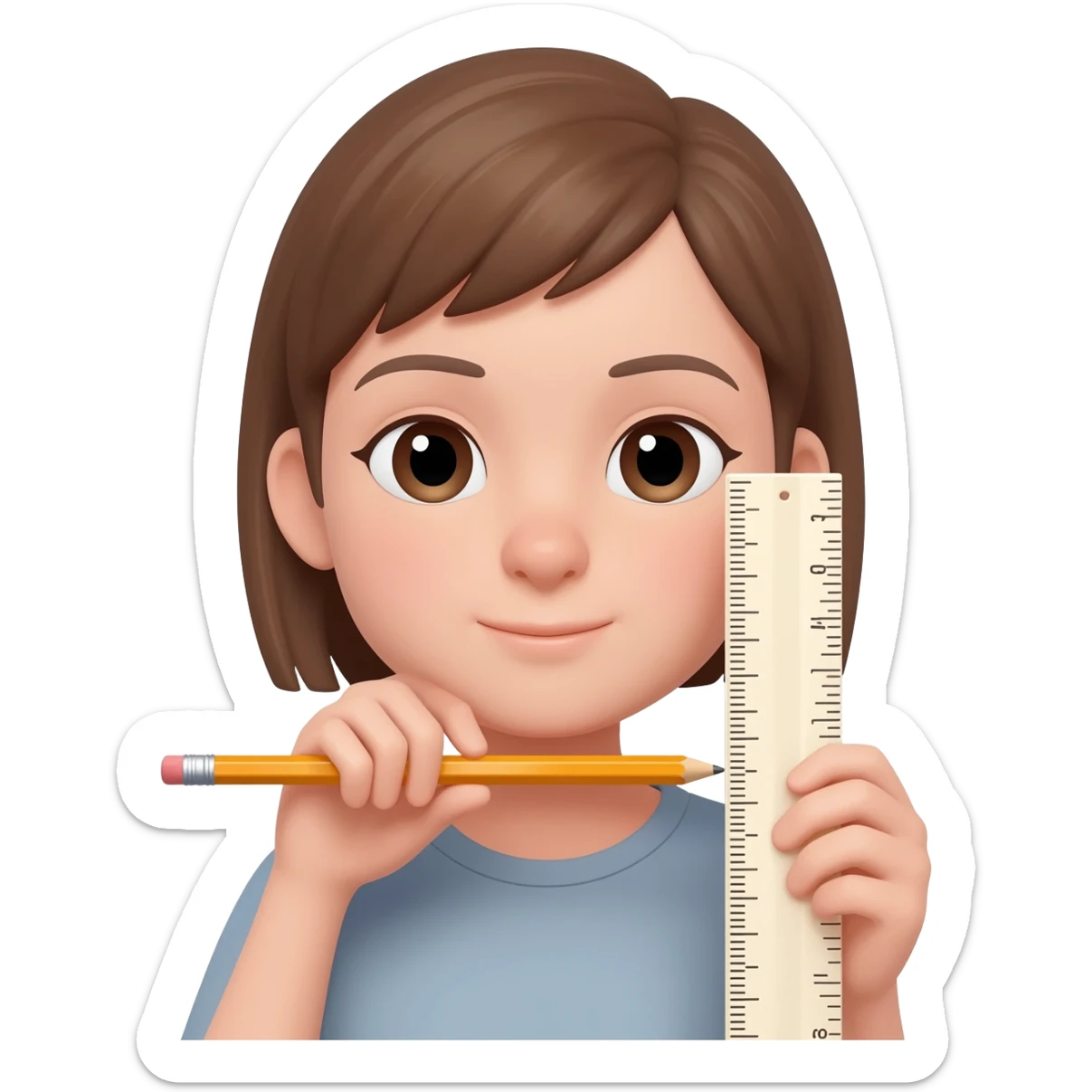 Girl holding a pencil horizontally under her chin with one hand and a ruler vertically from her ear downwards with the other hand sticker