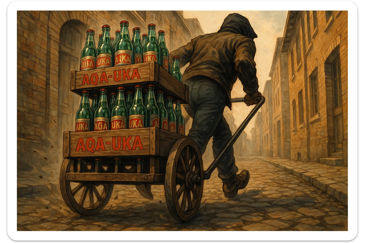 aka-uka ichimlik ortilgan aravani olib qochishyapti orqa tarafdan rakurs yuzi ko'rinmasin sticker