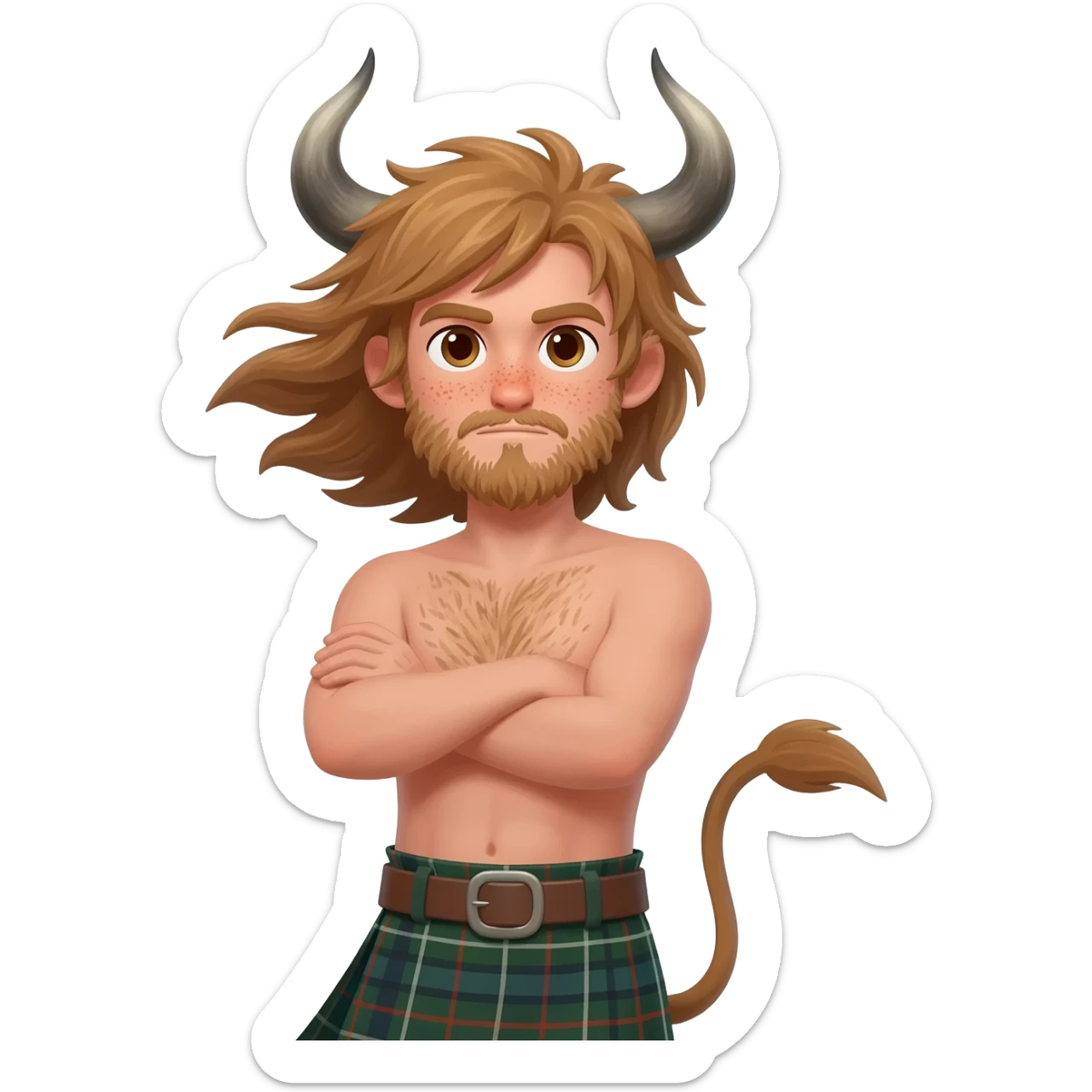 buff hairy man with freckles with messy light brown bangs that covers his face with bull horns and bull ears and bull tail dressed in kilt posing with his arms crossed with wind in his hair with belt around his chest sticker