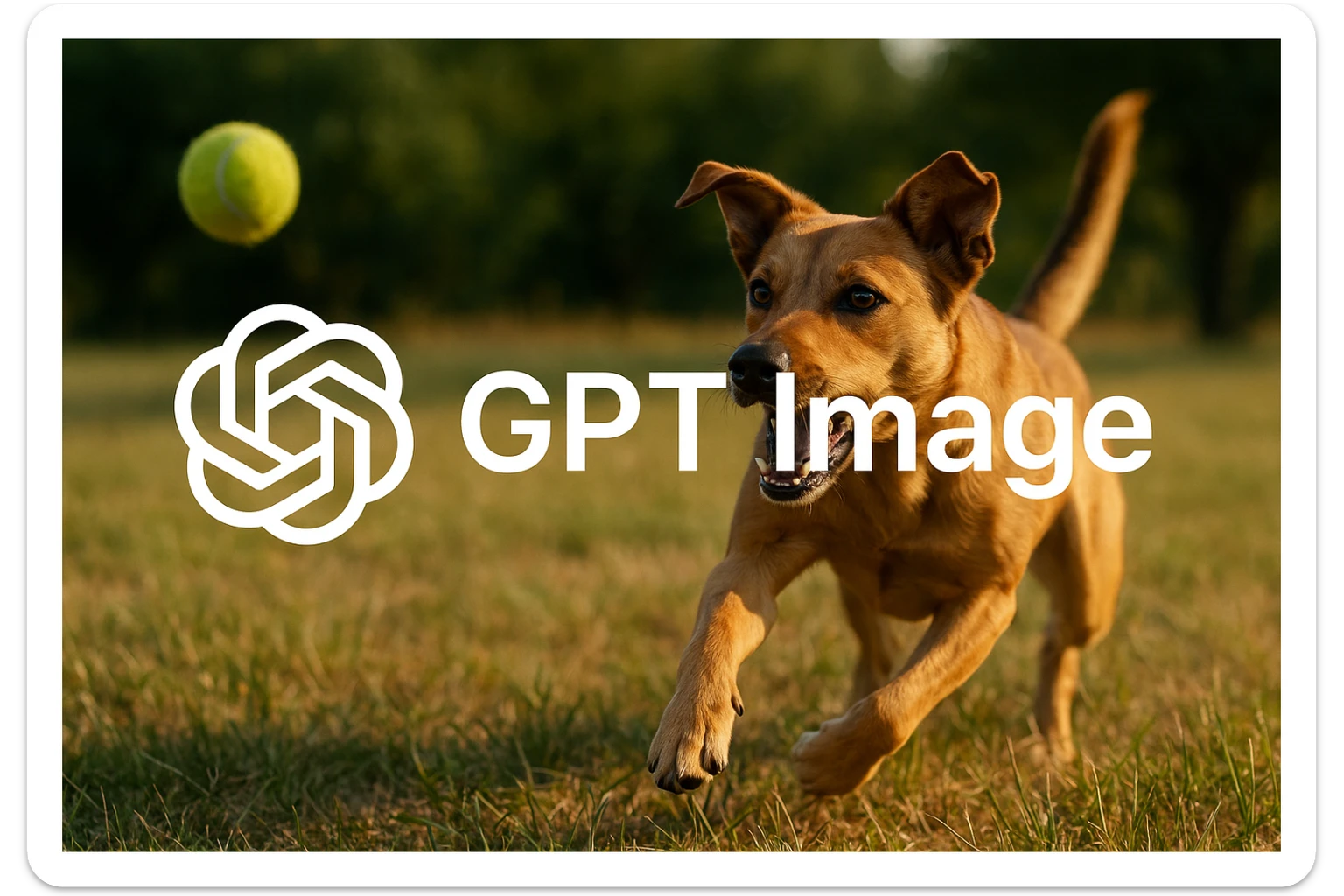  logo of chat gpt with text "GPT Image" on the background of a dog chasing ball, realistic image sticker