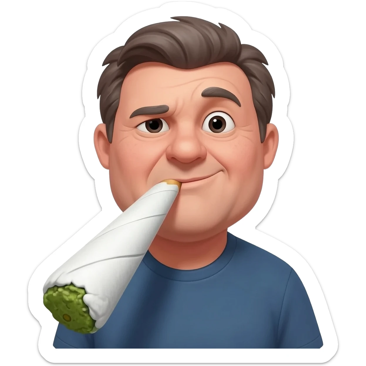 Chubby goofy looking middle aged  white guy with dark brown, but graying hair, Smoking A SUPER HUGE white and green smoking doobie sticker