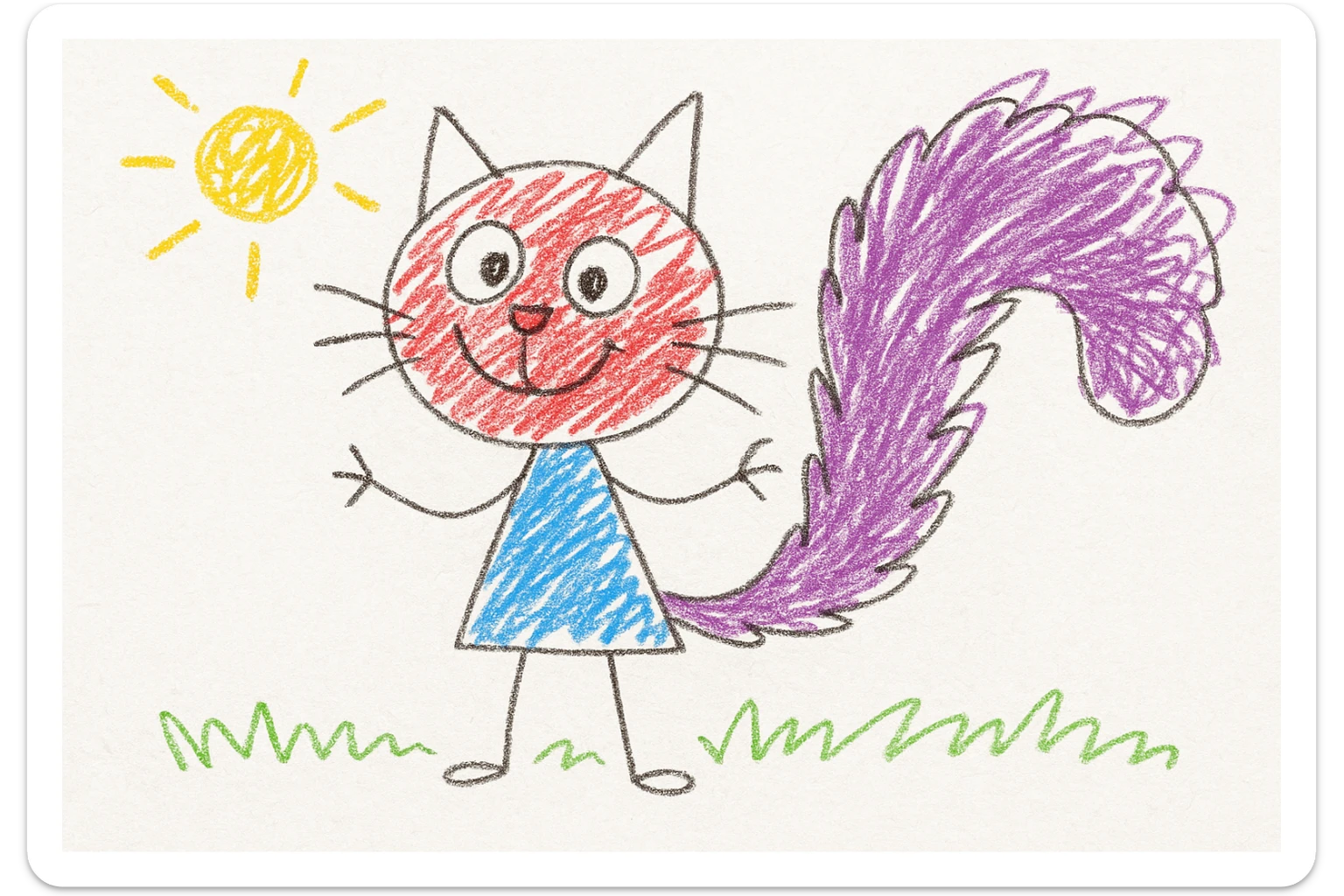 a playful cat with a big tail, children's doodle style sticker