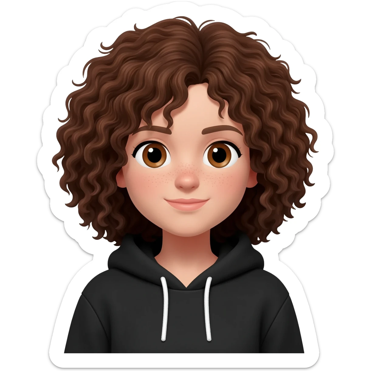 white girl with brunette curly hair and  brown eyes with a black hoodie sticker