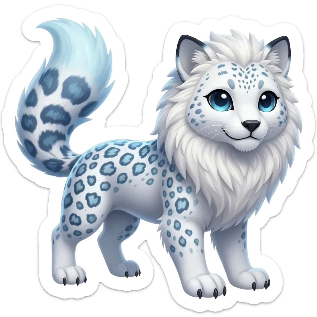 Realistic wild natural elegant pretty beautiful handsome shiny colorful furry 4-legged digitigrade arctic-fox-snowy-owl-snow-leopard-gryphon-griffin-albino-lion-fusion-hybrid-fursona-furry-animal-creature, full body, hyper-realism, long tufted tail sticker