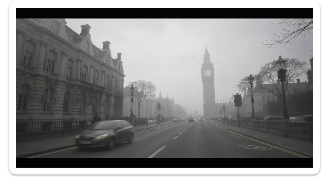 Cinematic shot of a london street, cloudy foggy day, soft light, leading lines to big ben in distance, multi composition, in foreground blurred car, on second street around UK bulding, od another plan in distance big ben, birds flying, artistic look, captured on arri alexa 35, triadal composition sticker