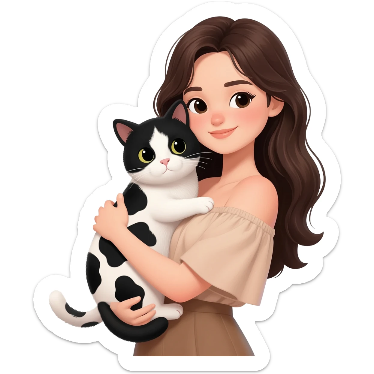 A young woman with long dark brown hair, wearing a nude off-shoulder top, hugging a black and white cow-patterned cat, 3D emoji style, white background. sticker