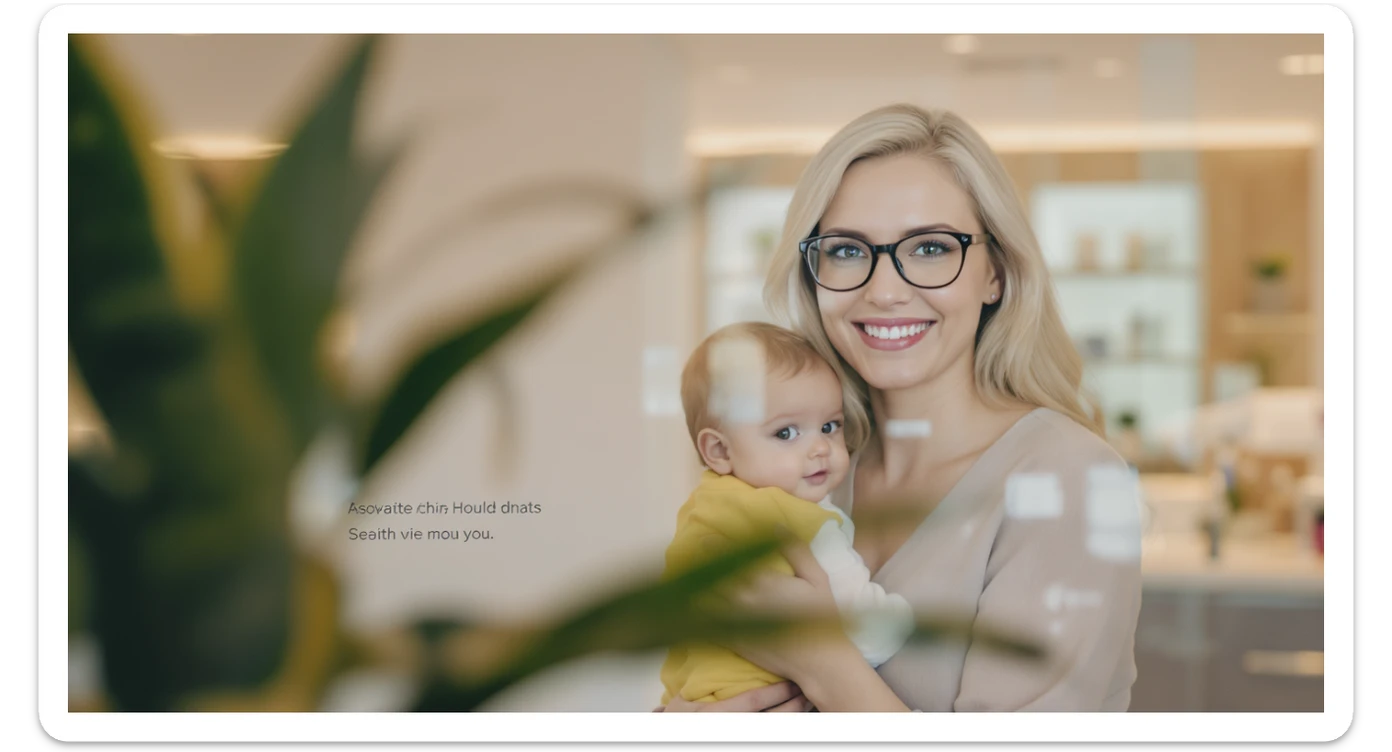 Cinematic still, blurred plants in the foreground (close to the camera), Proffesional advertising of a smiling european white woman with glasses smiling holding baby, minimalistic ophthalmologist interior in background, leading  lines, "rule of thirds", 60/30/10 colors, soft light, warm colors sticker