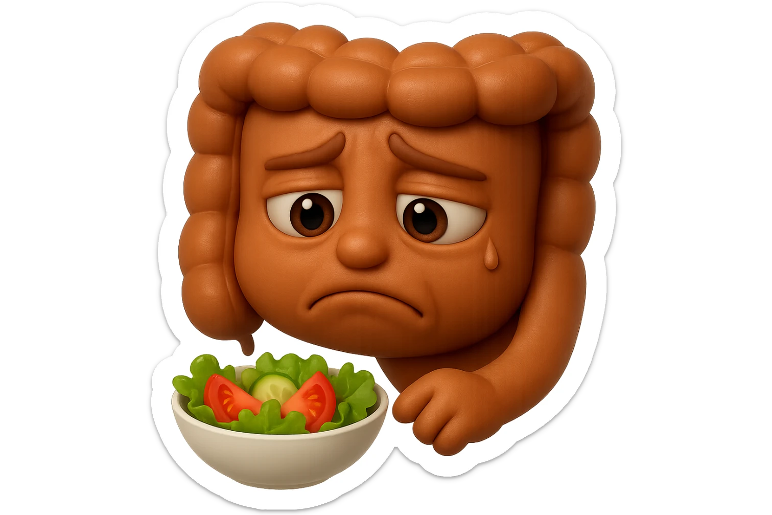 EMOJI STILE IPHONE DI UN INTESTINO UMANO ANATOMICO CHE GUARDA UN INSALATA CON ESPRESSIONE TRISTE E RASSEGNATA IN VOLTO: SOFFRE LA FAME PERCHé è A DIETA, FAGLI ANCHE LA PARTE BIANCA DEGLI OCCHI, NON SOLO LE PUPILLE, IPERREALISTICO 4K sticker