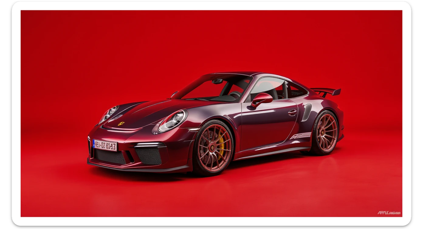 Medium shot of a porsche 911 made of russian capret, red solid studio background, low keu light, top soft light, dutch angle,  captured by arri alexa sticker