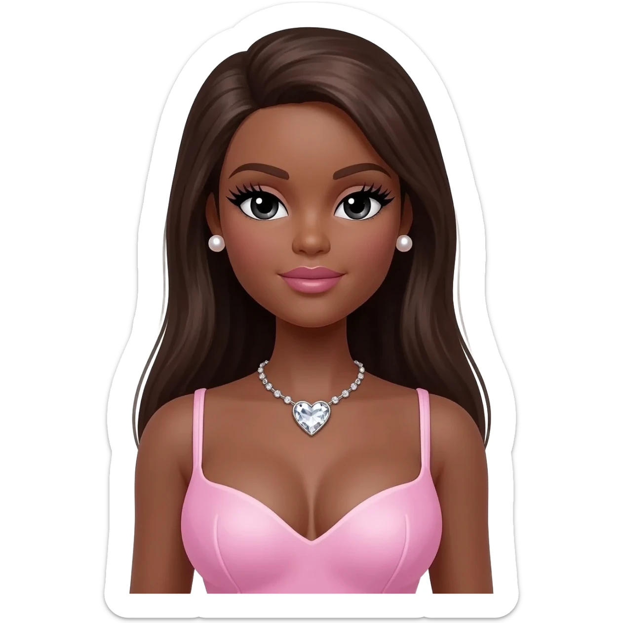pearl earrings stud, Long giant lashes, Doll faced shaped,swarovski heart with Rhodium plated necklace, bimbo, black doll eyes, barbie, dark brown skin, with long dark brown hair, light pink, big breast sticker