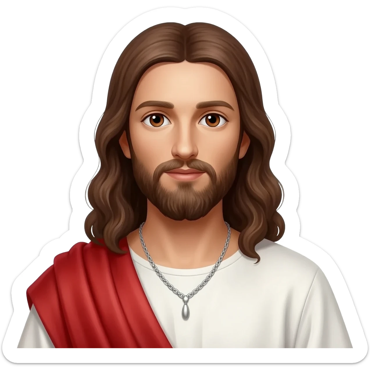 Jesus from Christian Mythology with brown eyes, long brown hair, white and red metallic toga, silver necklace sticker