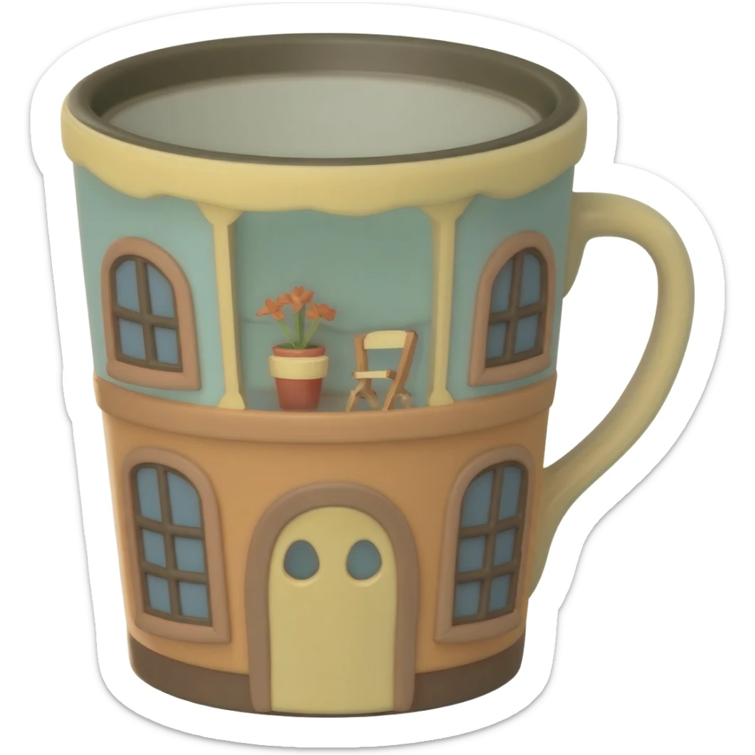 Hyperrealistic 3d rendering whimsical cottagecore coffee mug sticker