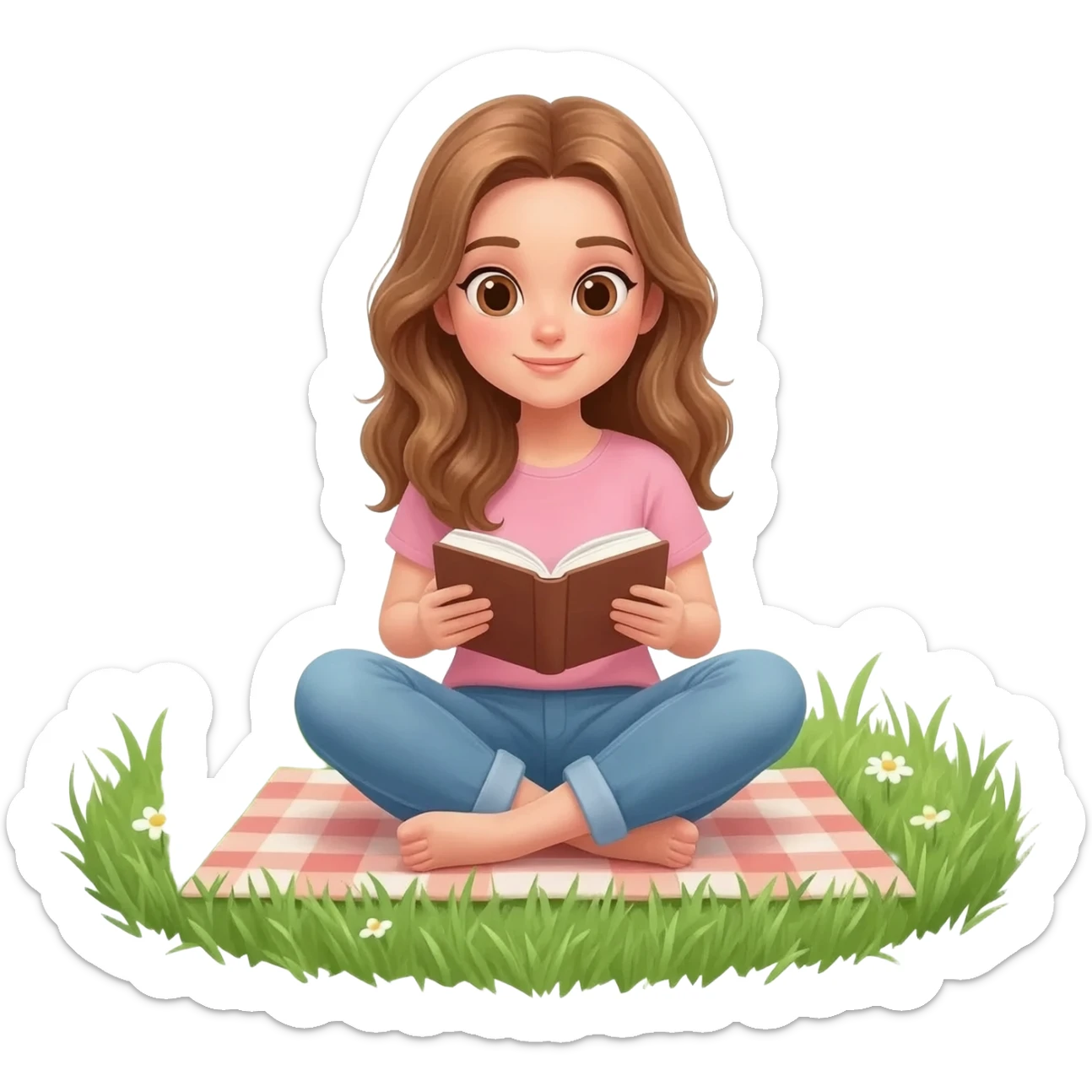 detailed emoji scene of a woman with long light brown wavy hair and light brown eyes reading a book while sitting in the grass, peaceful picnic atmosphere, emoji style illustration sticker