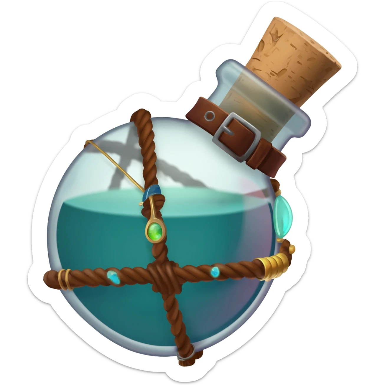an empty round potion bottle a little rotated with a cork and decorations on the bottle like ropes and belts and random stuff sticker