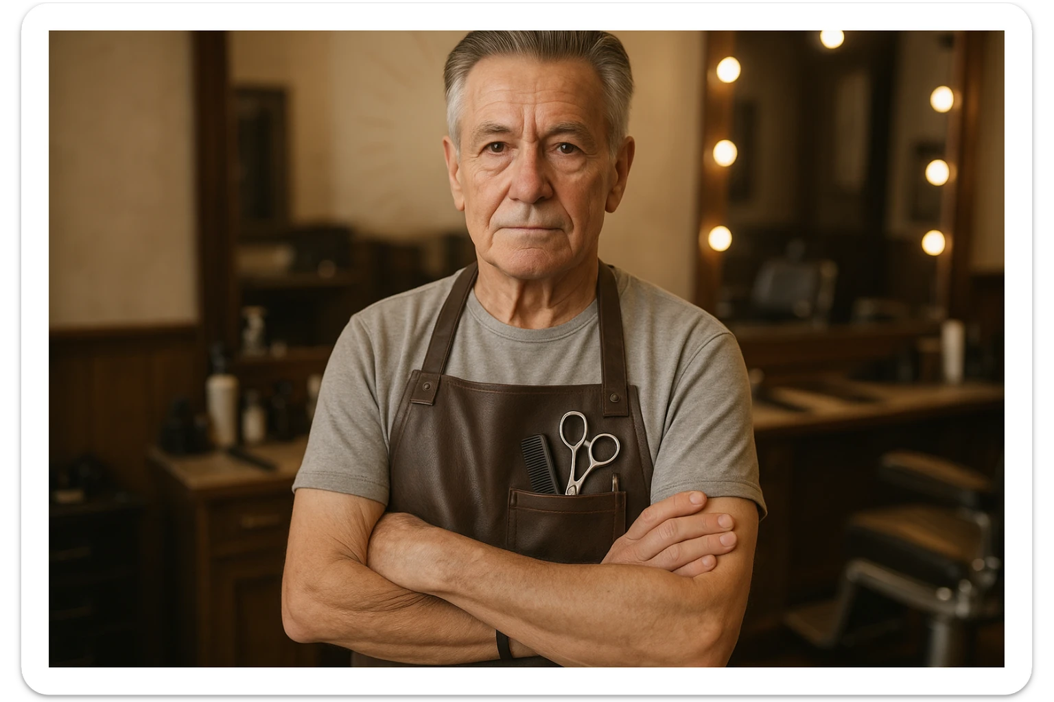 huddi shu odamni qariroq va soqolsiz tasvirlab ber o'zgartirib realistik qilib orqa fon sartaroshxona belidan sal pastroqqacha  sticker