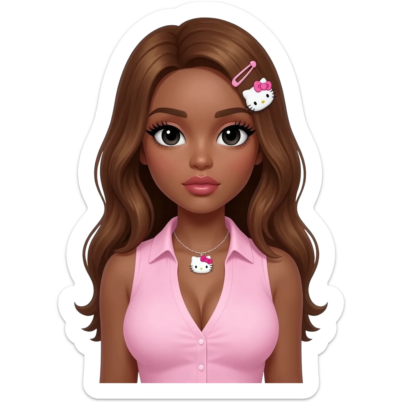 Long lashes, my melody hairclip, Doll faced shaped, hello kitty necklace, bimbo, black doll eyes, Big lips barbie, long dark brown skin with honey brown hair, light pink sleeveless shirt, big breast sticker