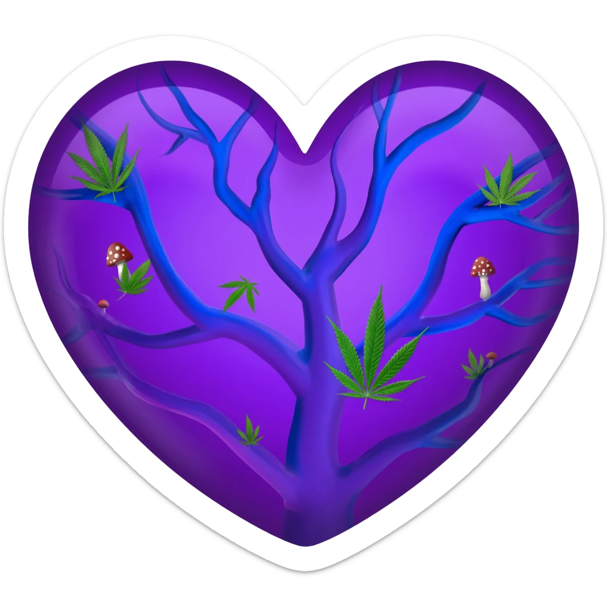 purple heart with blue veins with cannabis plants and mushrooms sticker
