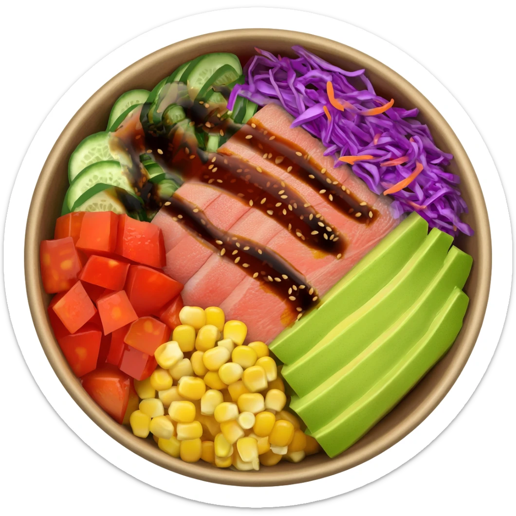 Poke bowl with tuna with soy sauce and sesame seeds on top, tomato in cubes, corn, avocado, cucumber, carrot shedred, purple cabage, in a cardboard poke bowl.” sticker