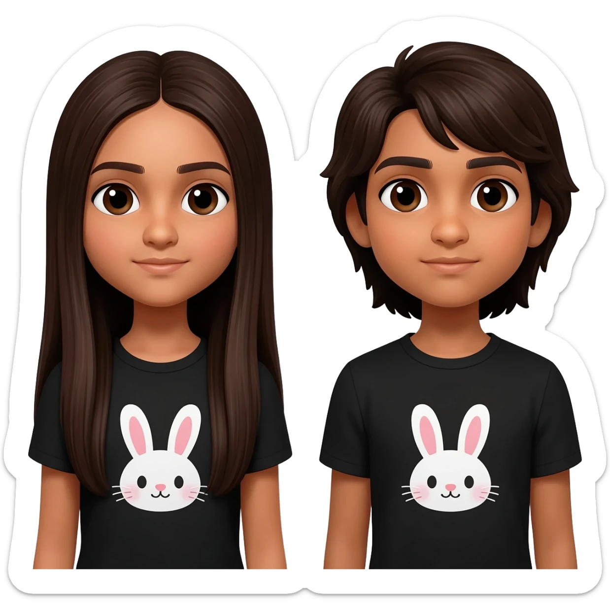 two identical friend. both look like 13 year olds. No smile lines, make the bunnies kawaii and the shirt black. Both have matching bunny shirts and have PIN STRAIGHT HAIR One has super long dark brown hair that goes to waist, one has long hair that is also dark brown. They both have Indian skin sticker