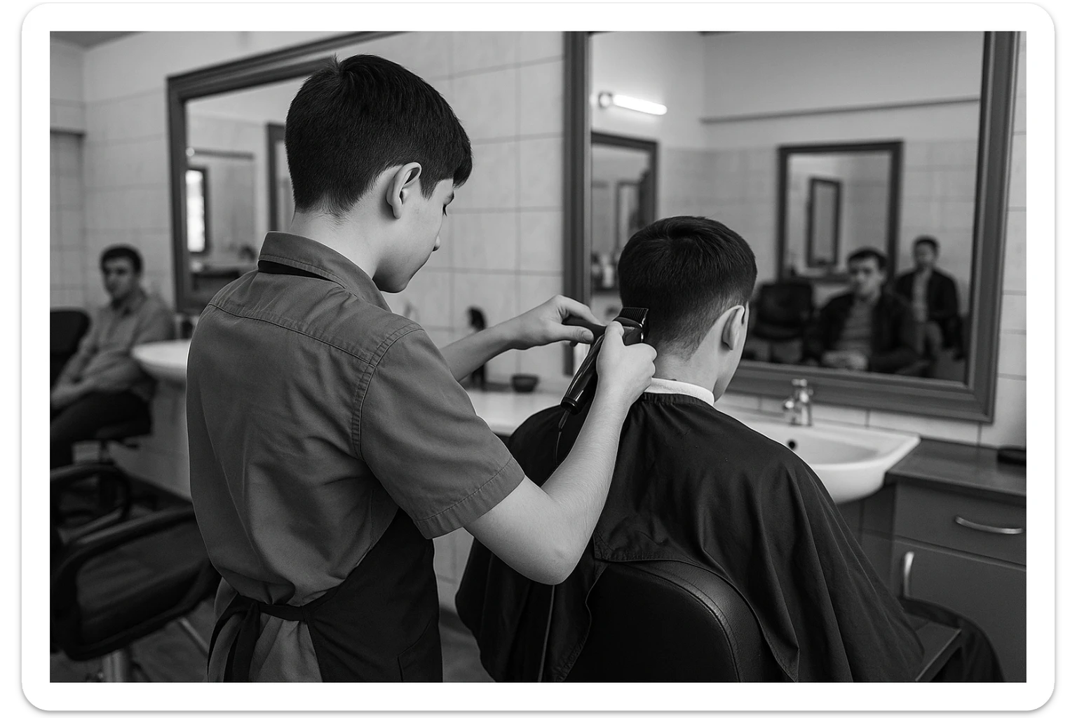 yuzi ko'rinmasin sartaroshxonada ishlayotganini tasvirlab ber mijozlarni sochini olayotganini o'smirin davrini sticker