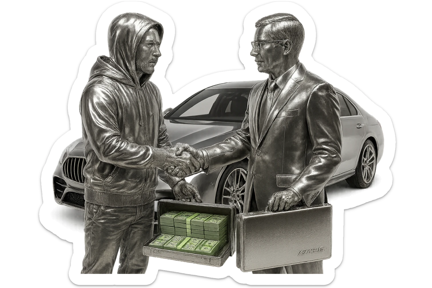 Add natural skin colors to the white man and the Chinese man, keep the chrome hoodie, and add green color to the dollar bills in the briefcase. Keep the AMG car as is. Transparent background. sticker
