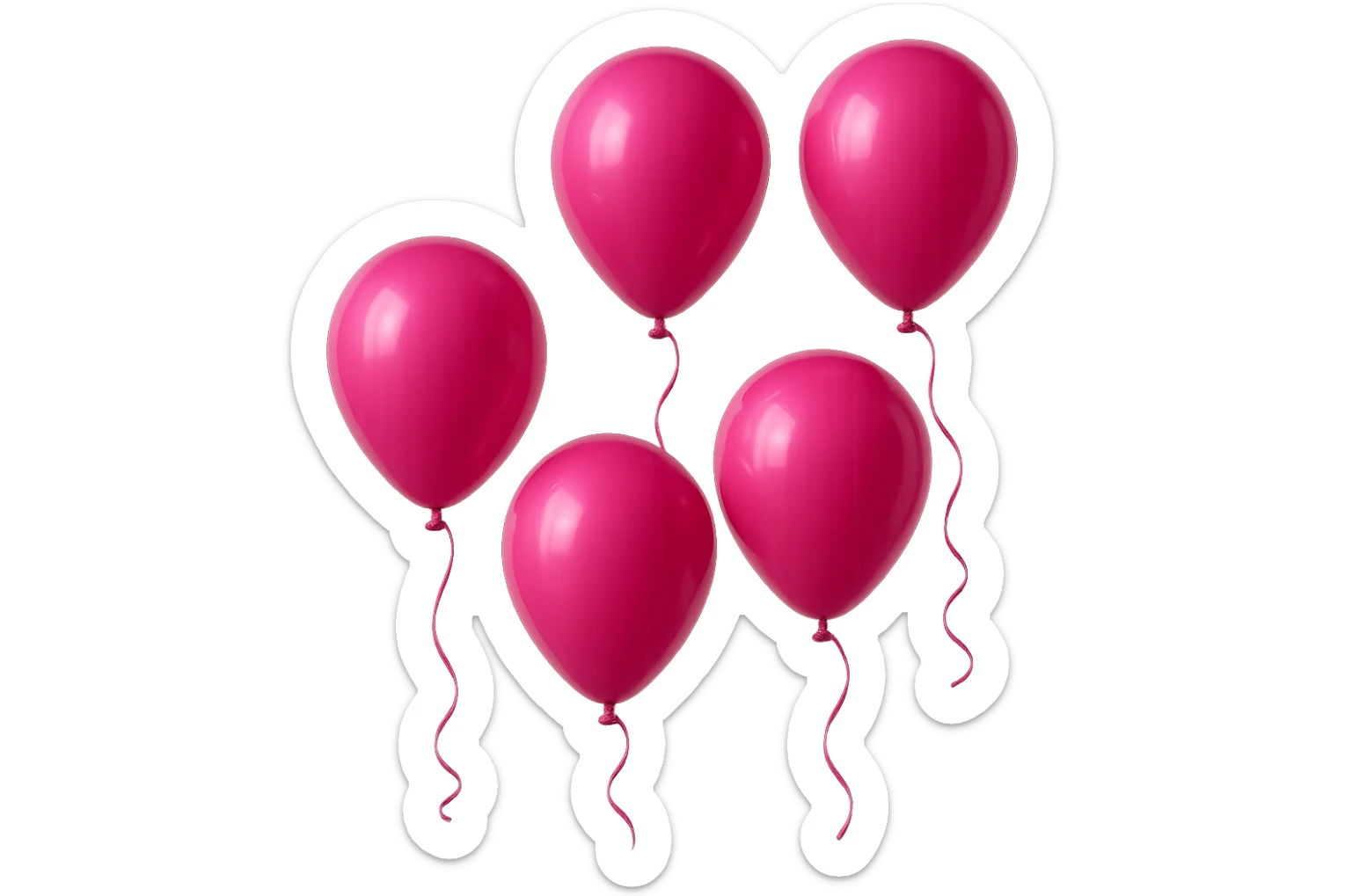 5 palloncini magenta fluttuano in aria isolati su sfondo bianco, iperrealistico 4k sticker