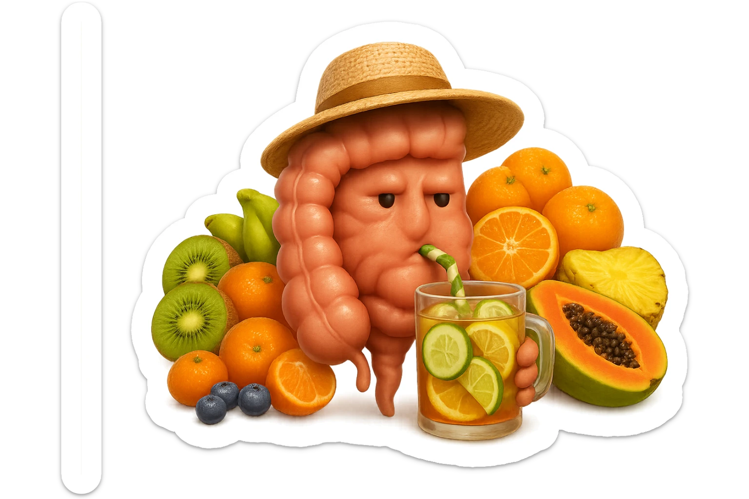 EMOJI STILE IPHONE DI INTESTINO UMANO REALISTICO CON CAPPELLO DI PAGLIA DA SPIAGGIA CHE BEVE UN Tè FREDDO IN BICCHIERE DI VETRO CON DENTRO  fette di cetriolo, limone, lime, DIETRO L'INTESTINO C'è UNA MONTAGNA DI PEZZI DI FRUTTA: Kiwi
Banana acerba
Arance e mandarini
Mirtilli
Ananas
Papaya
IPERREALISTICO 4K sticker