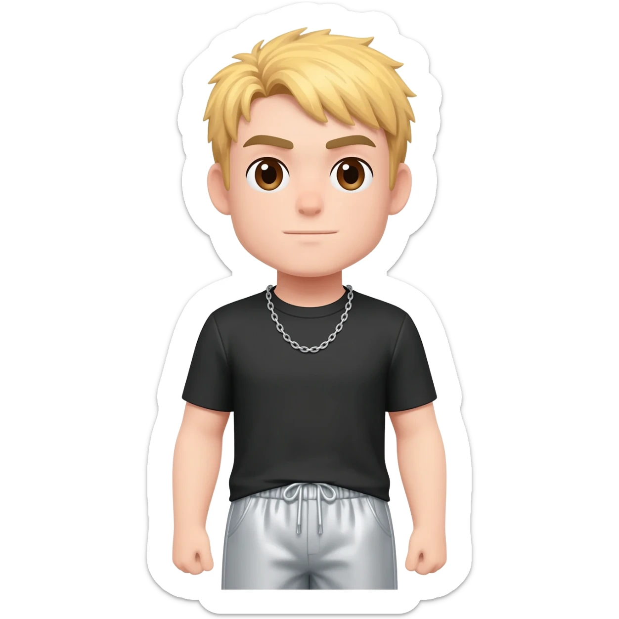 8-BitRyan with brown eyes, blonde hair, black metallic t-shirt, light grey metallic baggy pants, silver necklace sticker