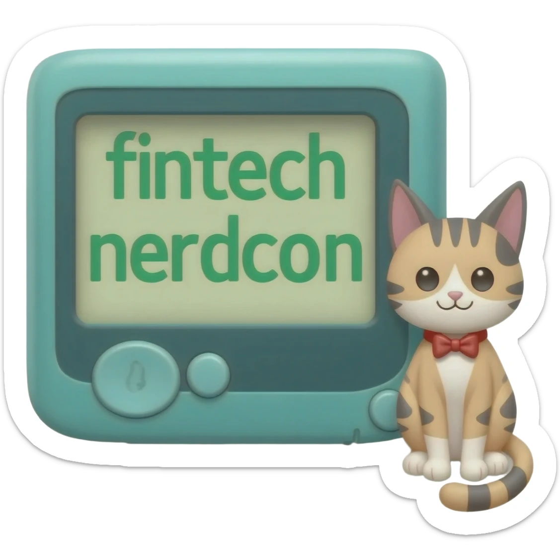 please create me a tamagotchi that syas fintech nerdcon on the screen with a cute little cat sticker