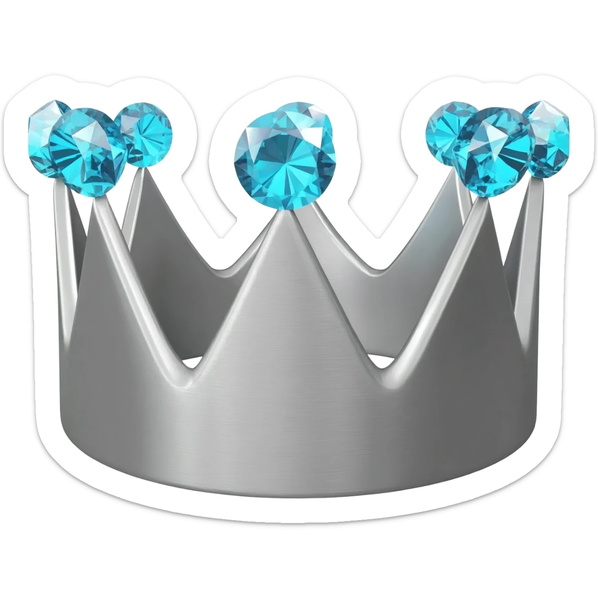 Minimalist 3D emoji based on: grey-graphite geometric crown made of cold, grey brushed steel. Integrated at the top is a severe; one large, sparkling light blue diamond is set precisely on each of its points. Soft, even lighting, isolated for sticker quality sticker