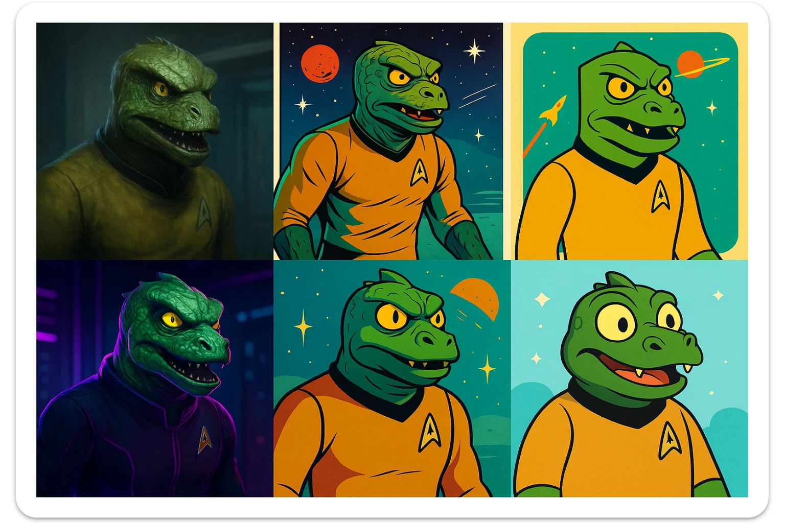 Gorn, a classic lizard-like alien with a muscular build, scaly green skin, and a fierce expression, inspired by the iconic Star Trek character, in a variety of creative styles sticker