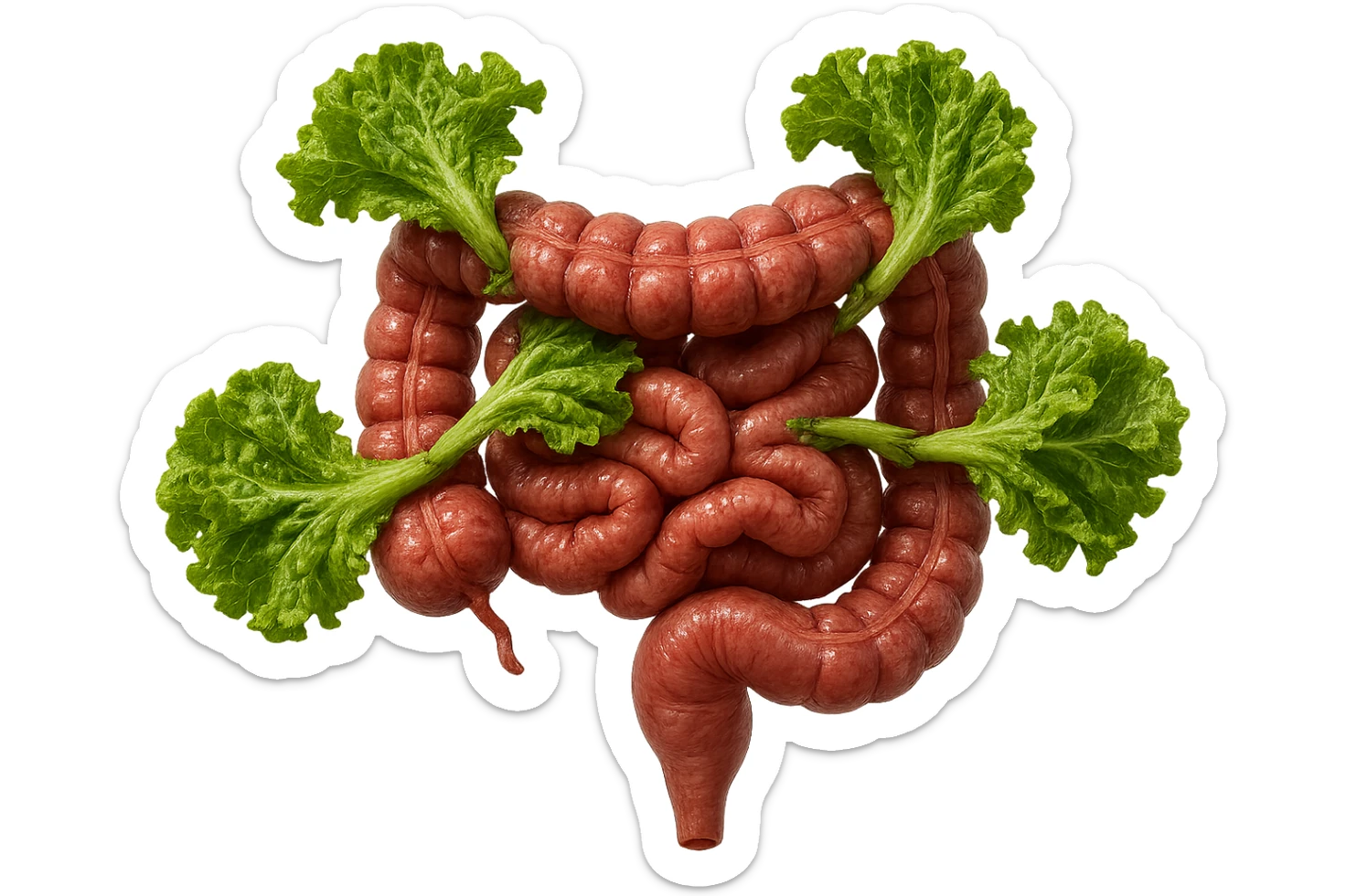 foglie di insalata che attaccano un intestino anatomico umano per distruggerlo, iperrealisticoù sticker