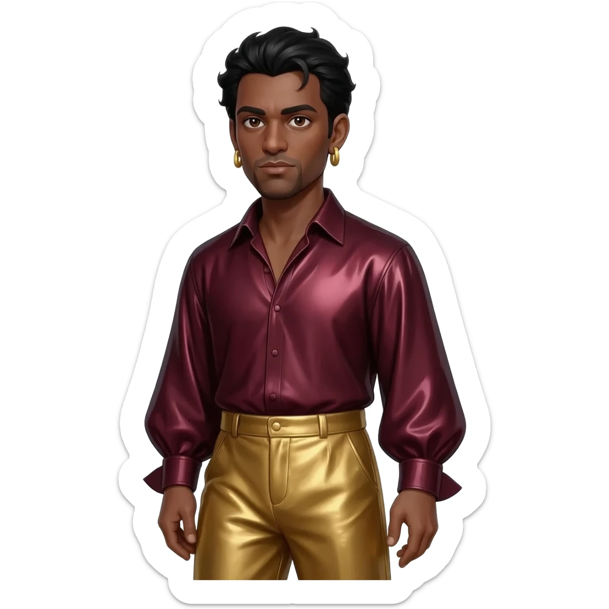 Othello from Othello with dark brown eyes, black hair, dark red metallic shirt, gold metallic baggy pants, gold and earrings sticker