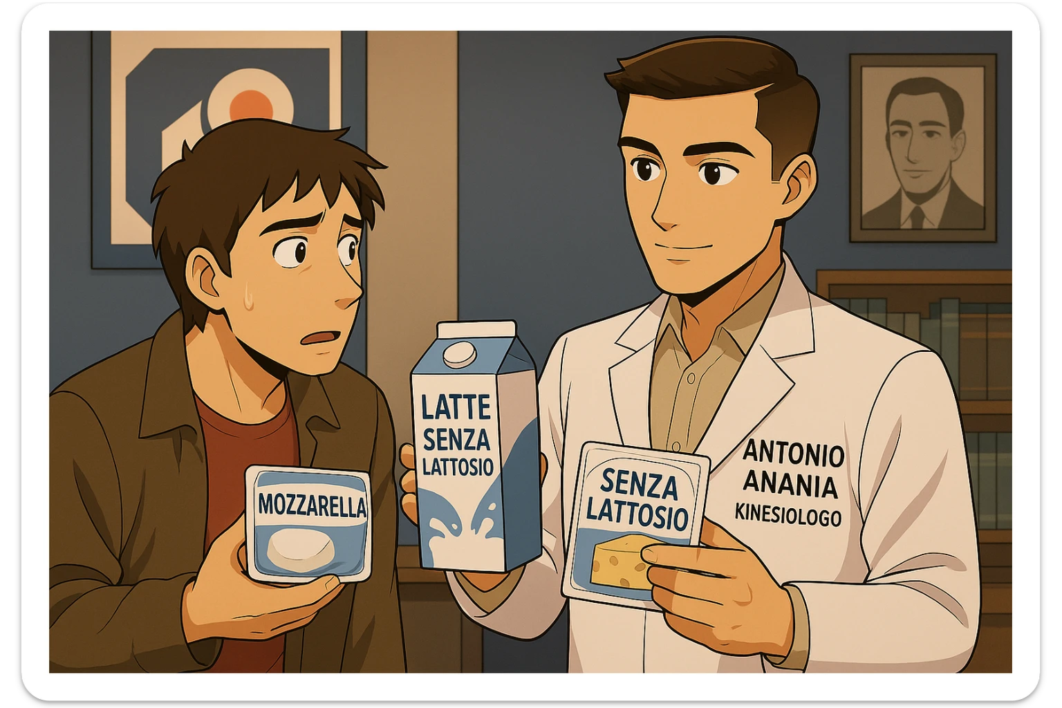 fai un webtoon manga a colori con questo stile, in cui un uomo ASCOLTA Il kinesiologo con il camice bianco (fagli anche la scritta "ANTONIO ANANIA" SUL CAMICE, IL KINESIOLOGO SPIEGA ALL'UOMO UNA MOSTRANDO VARI PRODOTTI DA SUPERMERCATO CONFEZIONATI (TIPO SCATOLA DI LATTE, MOZZARELLE CONFEZIONATE, FORMAGGIO CONFEZIONATO), OGNI CONFEZIONE HA LA SCRITTA "SENZA LATTOSIO SULL'ETICHETTA. L'UOMO OSSERVA IL KINESIOLOGO CON ESPRESSIONE CONFUSA IN VOLTO. non fare i fumetti però, fai solo in modo che sembri stiano parlando sticker
