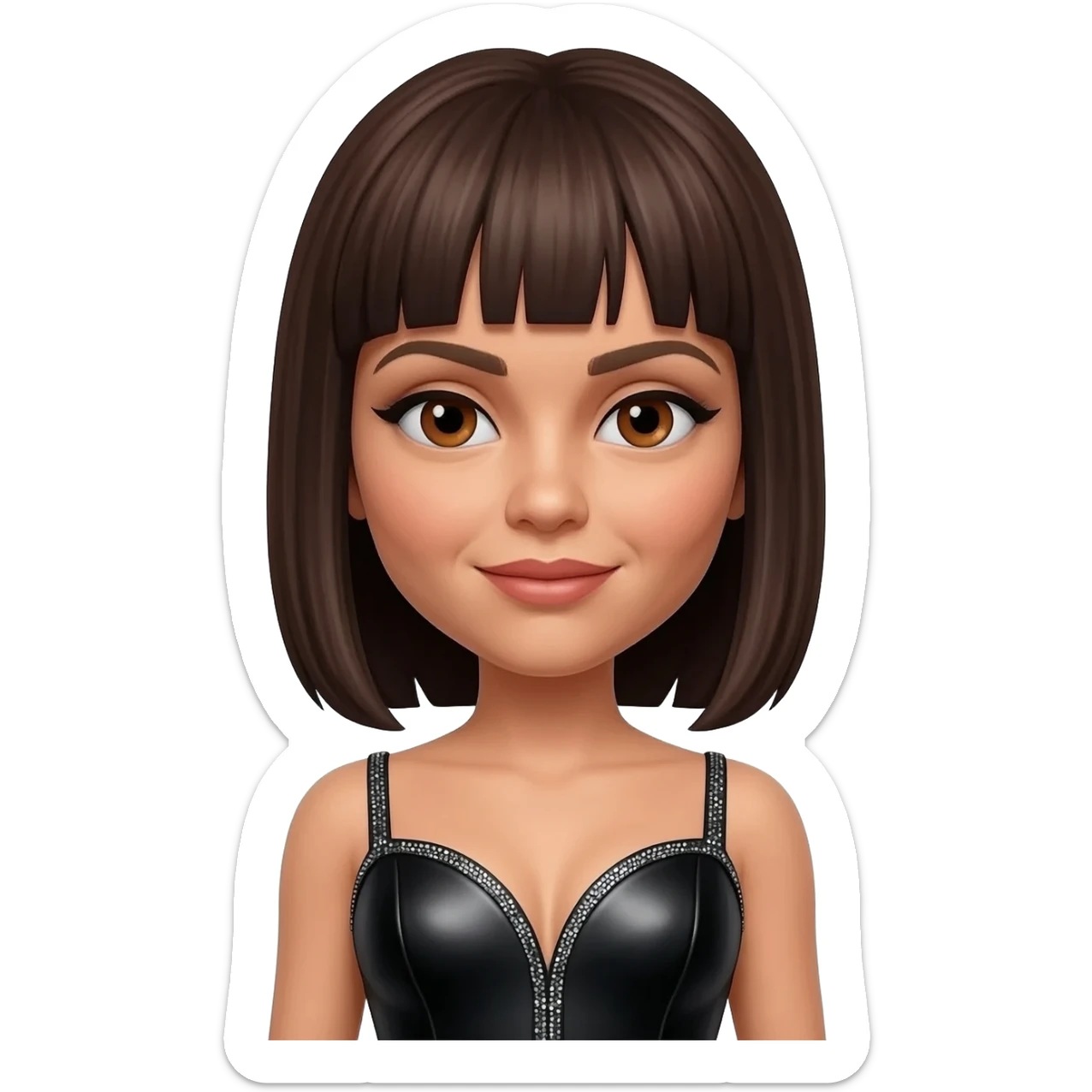 Posh Spice from Spice Girls with brown eyes, straight dark brown hair, black metallic sweetheart dress sticker